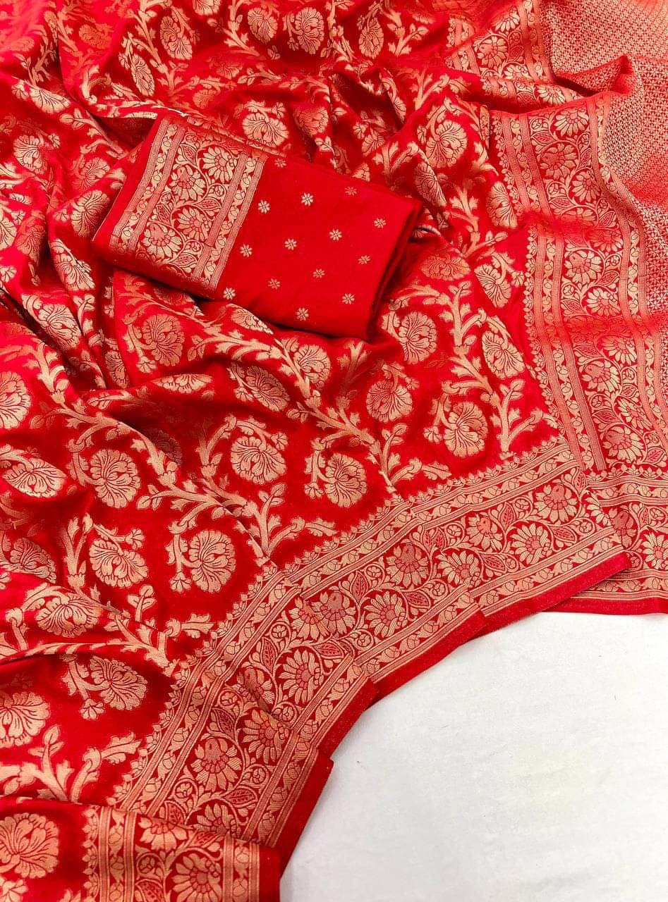     			Shree Mahantam Silk Printed Banarasi saree With Unstitched Blouse Piece ( Orange )
