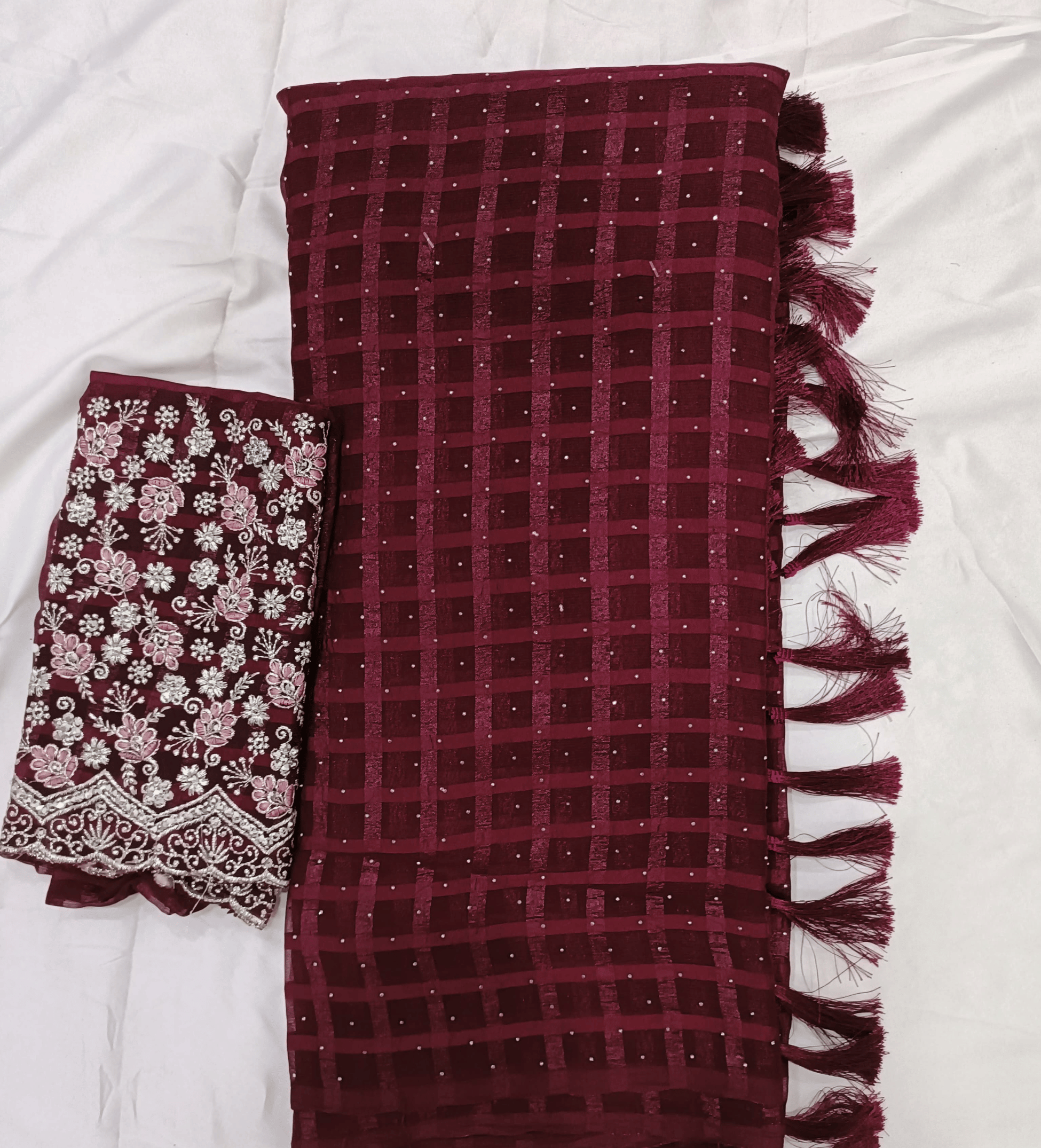 Shree Sai Enterprise Georgette Embroidered Mysore Silk Sarees With Unstitched Blouse Piece ( Maroon ) Shree Sai Enterprise Georgette Embroidered Mysore Silk Sarees With Unstitched Blouse Piece ( Maroon )