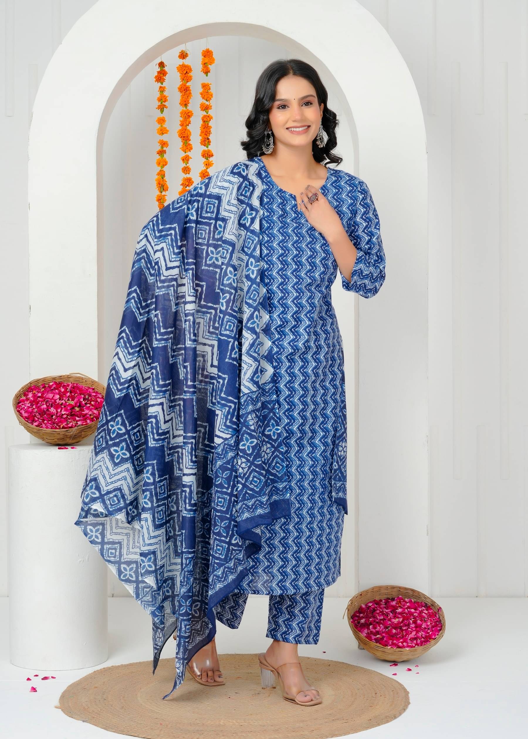     			VESTIMENTO Women Cotton Printed A-line Kurti With Pants ( Blue )