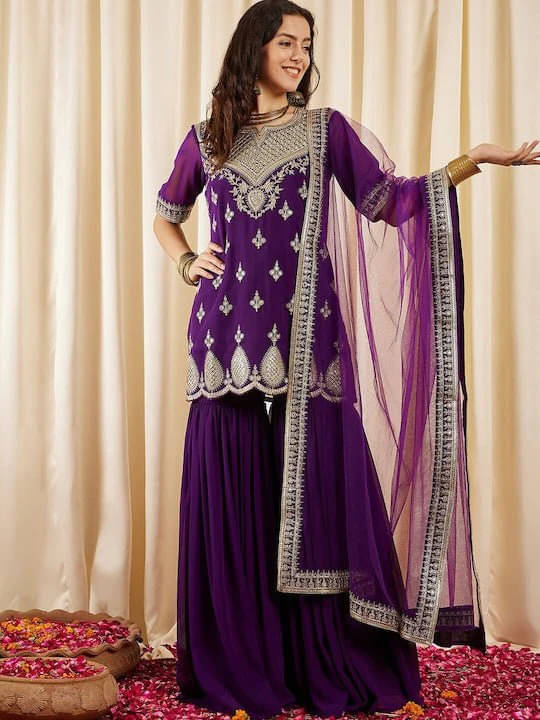     			Vaidehi Fashion Women Georgette Embroidered A-line Kurti With Pants ( Purple )