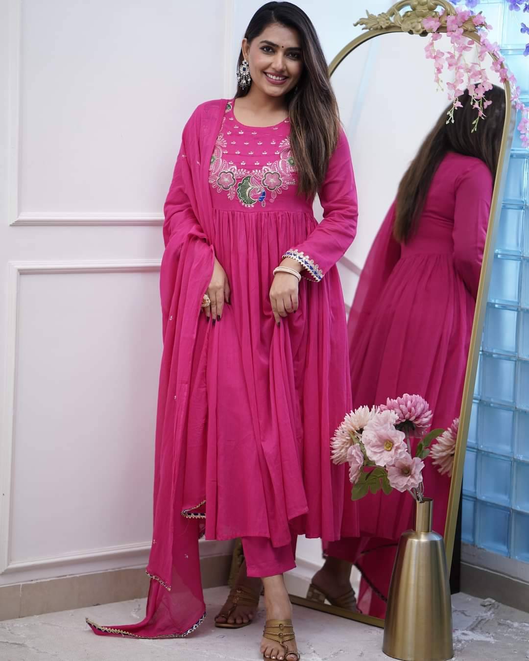 Vaidehi Fashion Women Silk Blend Embroidered Anarkali Kurti With Pants ( Pink ) Vaidehi Fashion Women Silk Blend Embroidered Anarkali Kurti With Pants ( Pink )