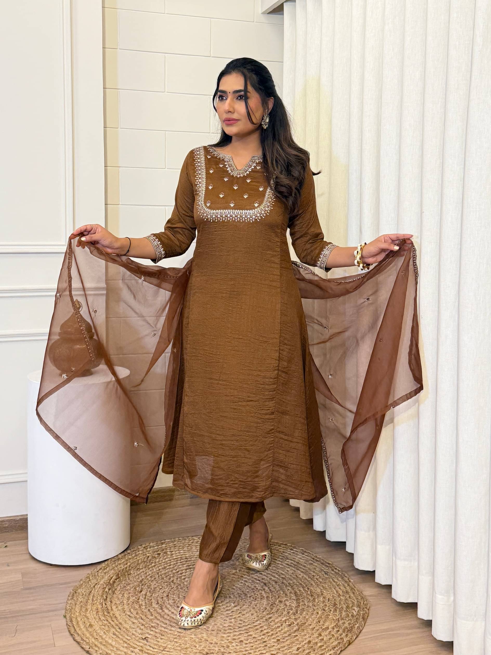 Vaidehi Fashion Women Silk Blend Embroidered A-line Kurti With Pants ( Brown ) Vaidehi Fashion Women Silk Blend Embroidered A-line Kurti With Pants ( Brown )