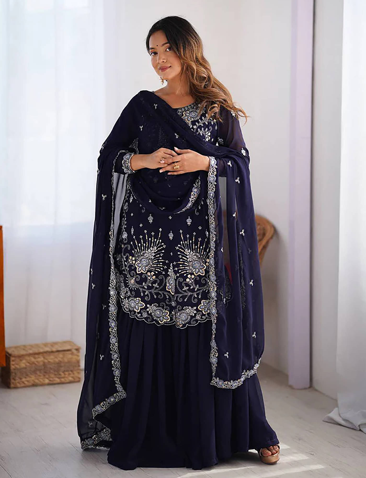     			kedar fab Women Georgette Embroidered Straight Kurti With Palazzo ( Navy )