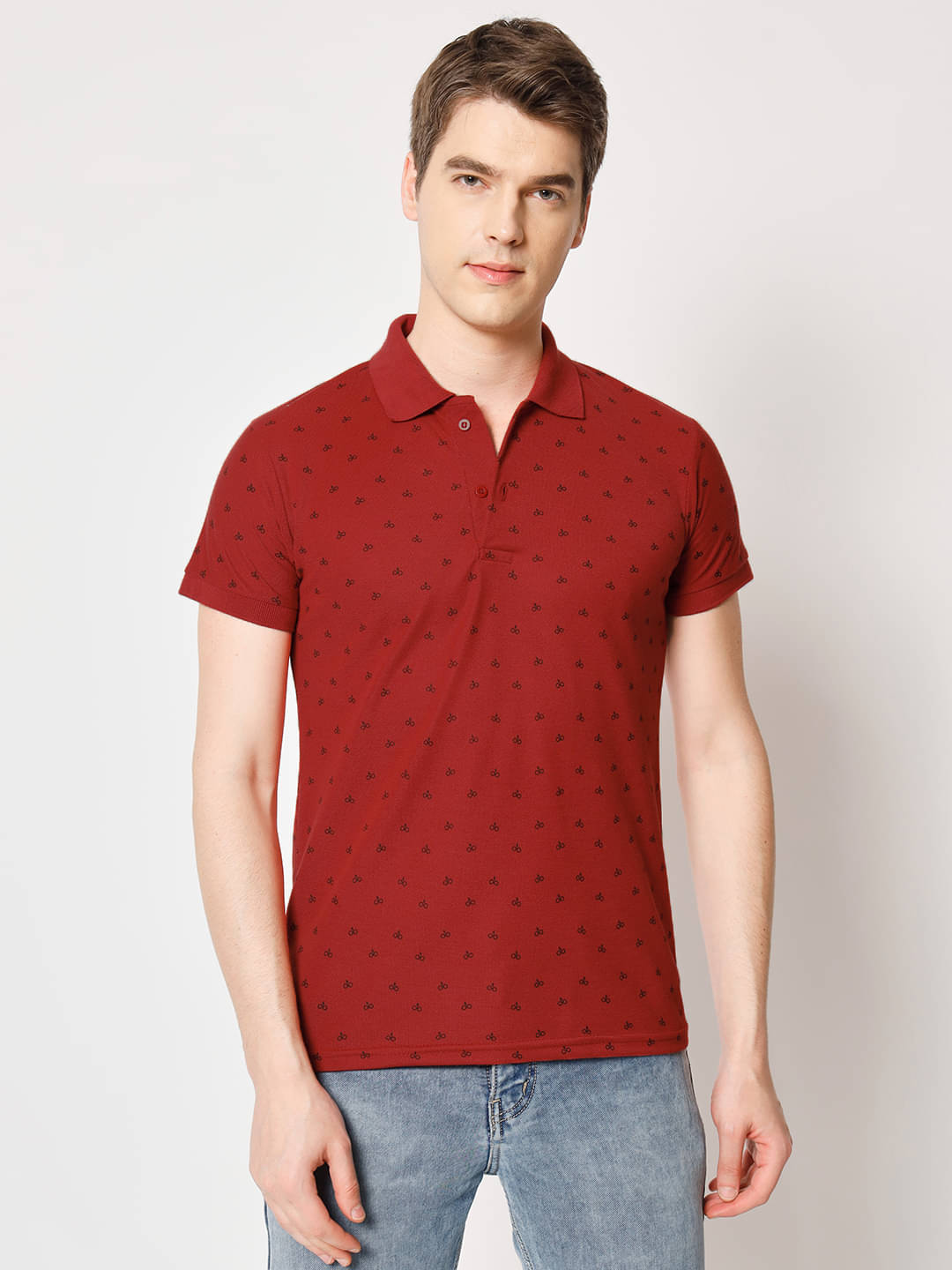     			9lkha Men Cotton Blend Regular Fit Printed Polo T Shirt ( Maroon )