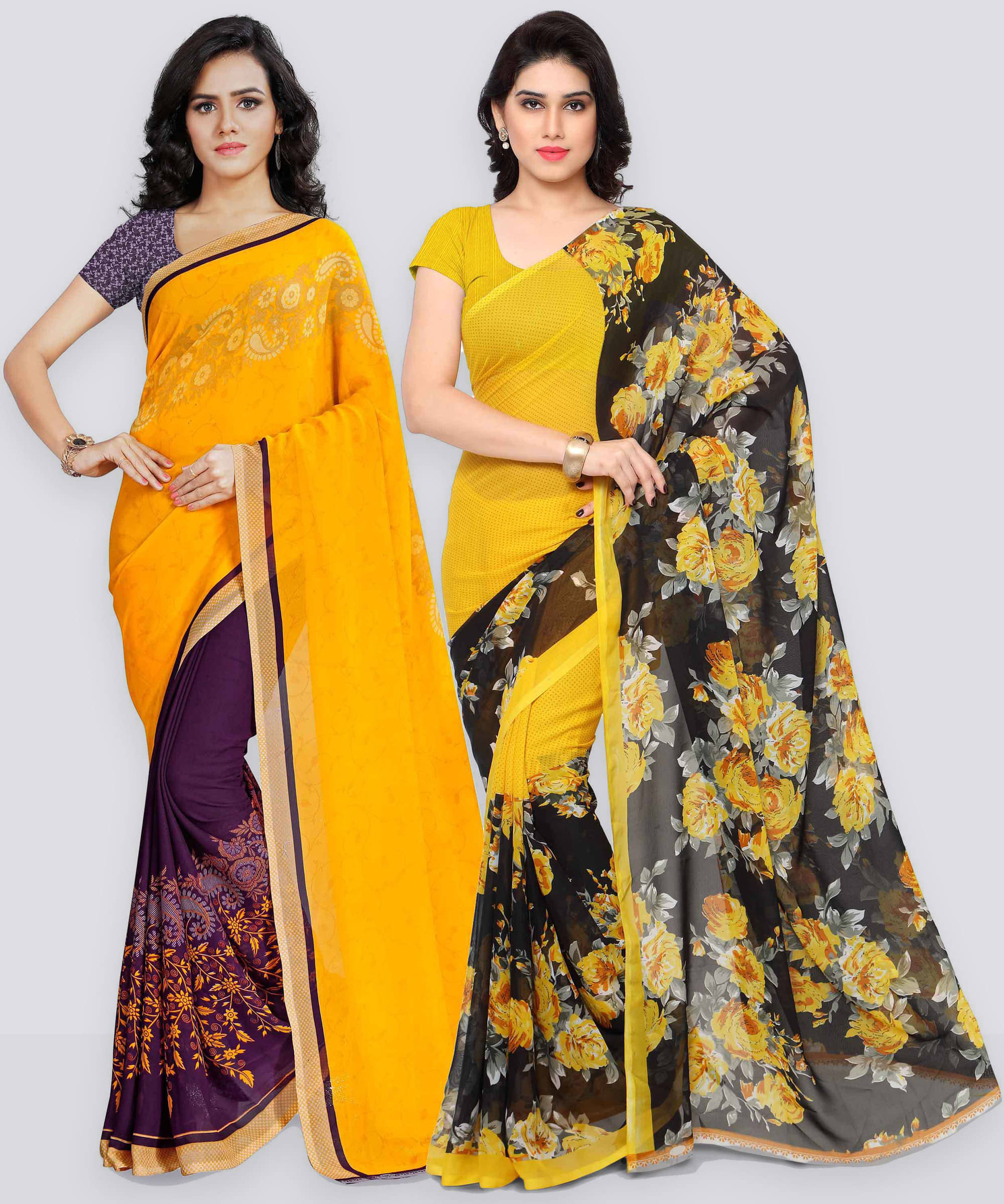     			ANAND SAREES Georgette Printed Saree With Unstitched Blouse Piece ( Yellow )