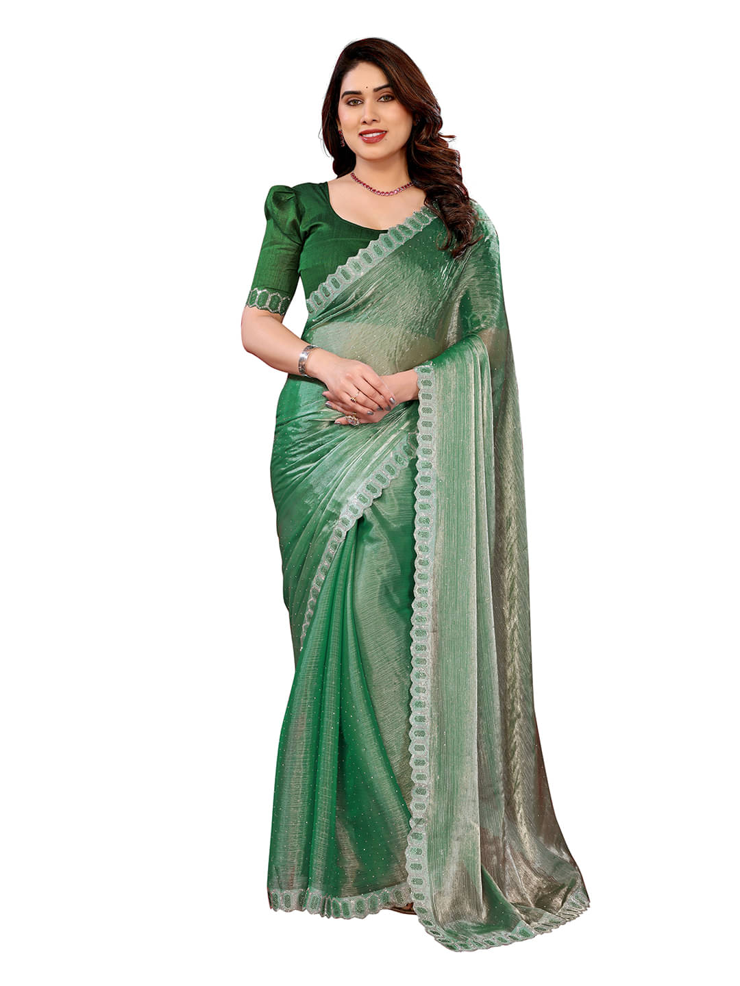     			ANAND SAREES Zimmy Choo Solid Saree With Unstitched Blouse Piece ( Green )