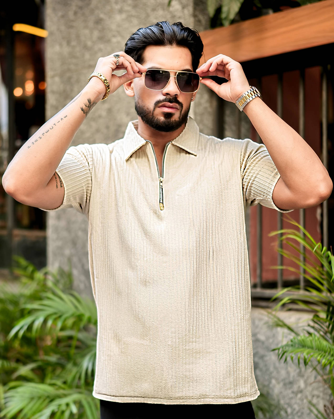 AUSK Men Cotton Blend Regular Fit Self Design Polo T Shirt ( Beige ) AUSK Men Cotton Blend Regular Fit Self Design Polo T Shirt ( Beige )
