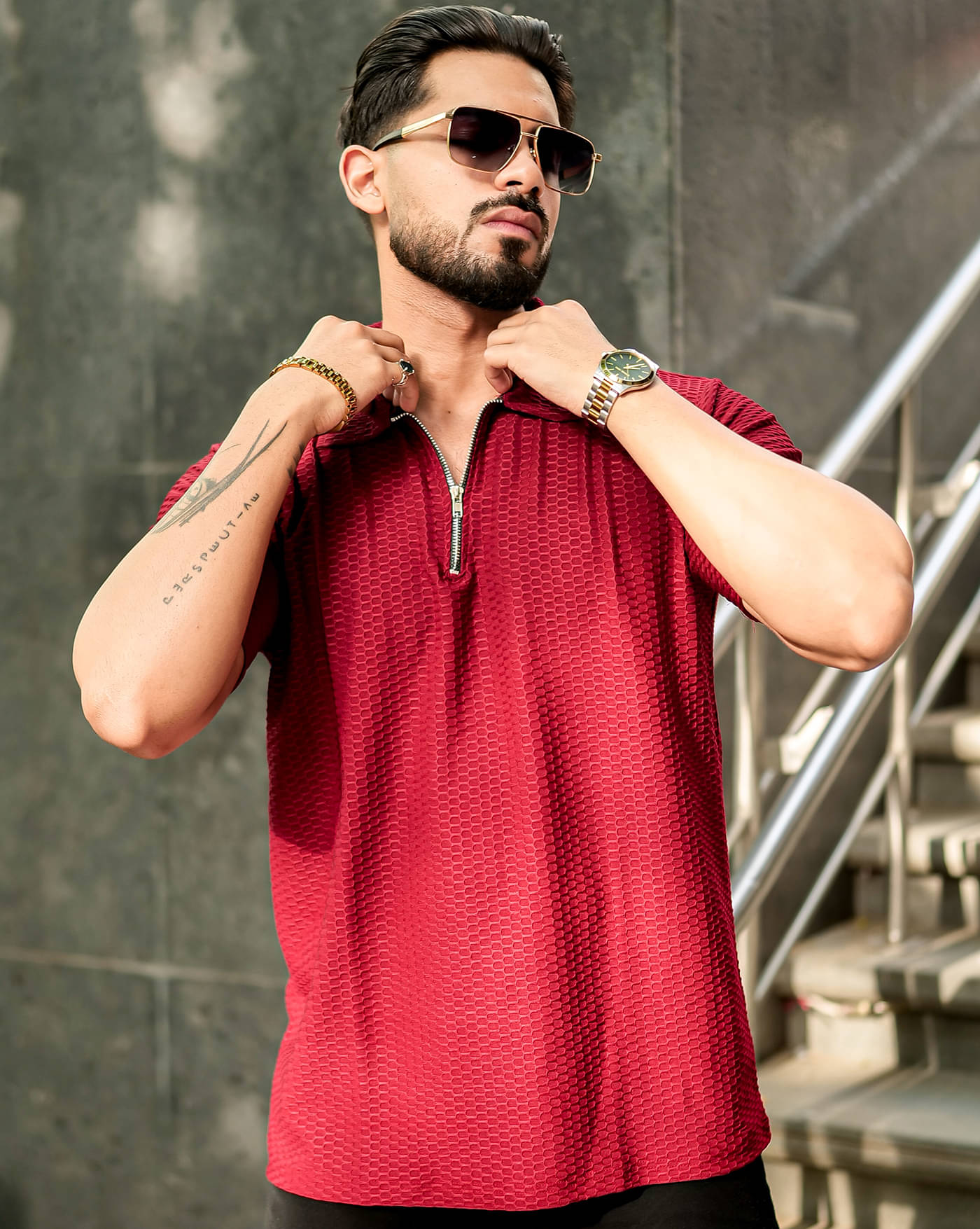     			AUSK Men Cotton Blend Regular Fit Self Design Polo T Shirt ( Maroon )