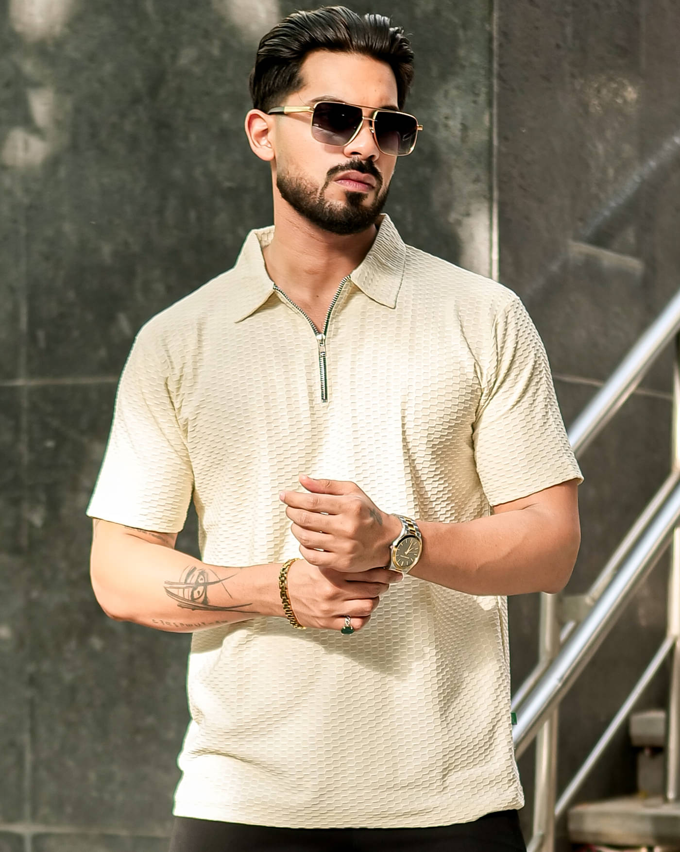     			AUSK Men Cotton Blend Regular Fit Self Design Polo T Shirt ( Beige )