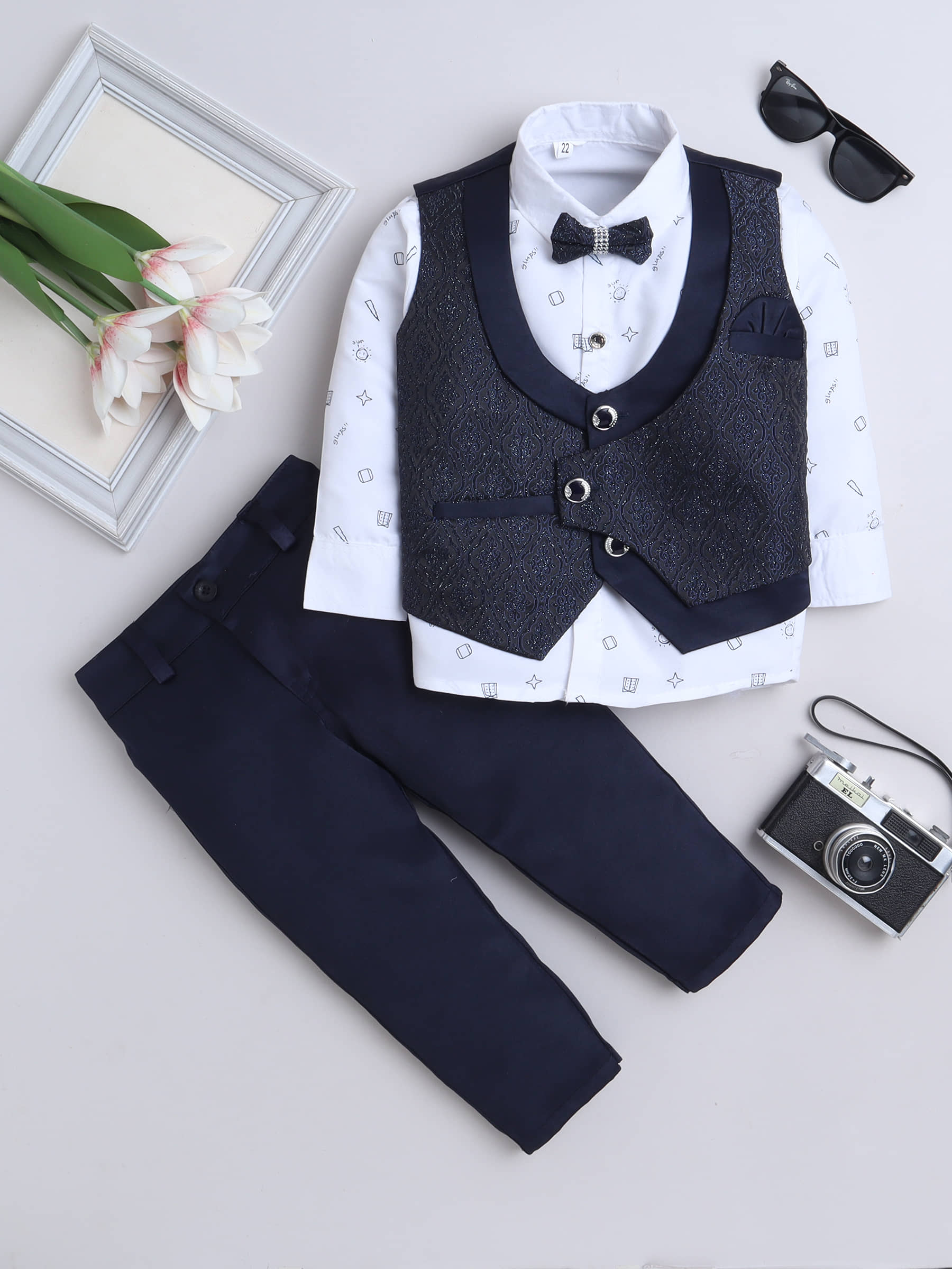 Fourfolds Boys Cotton Blend Suit ( Pack of 1 , Navy Blue )