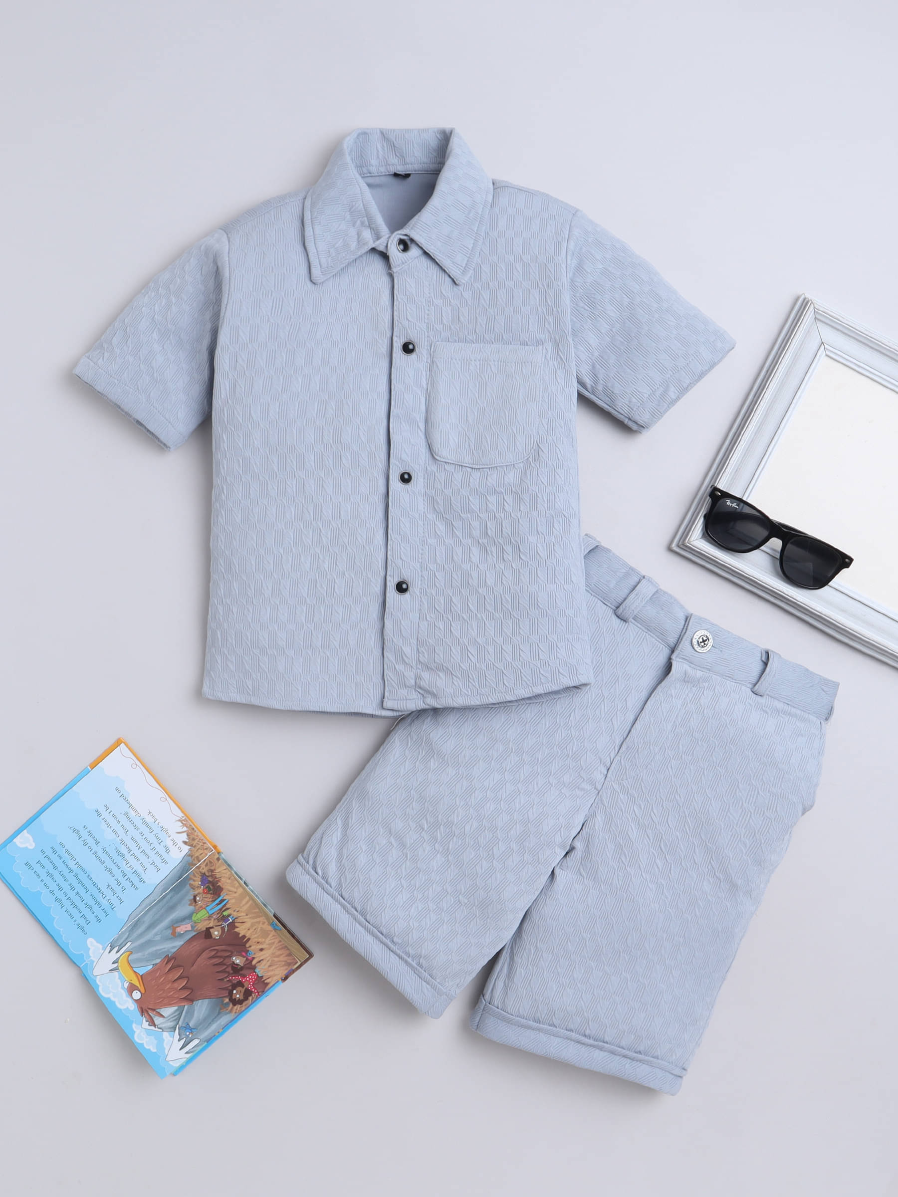     			Fourfolds Pack of 1 Boys Cotton Blend Shirt & Shorts Set ( Grey )