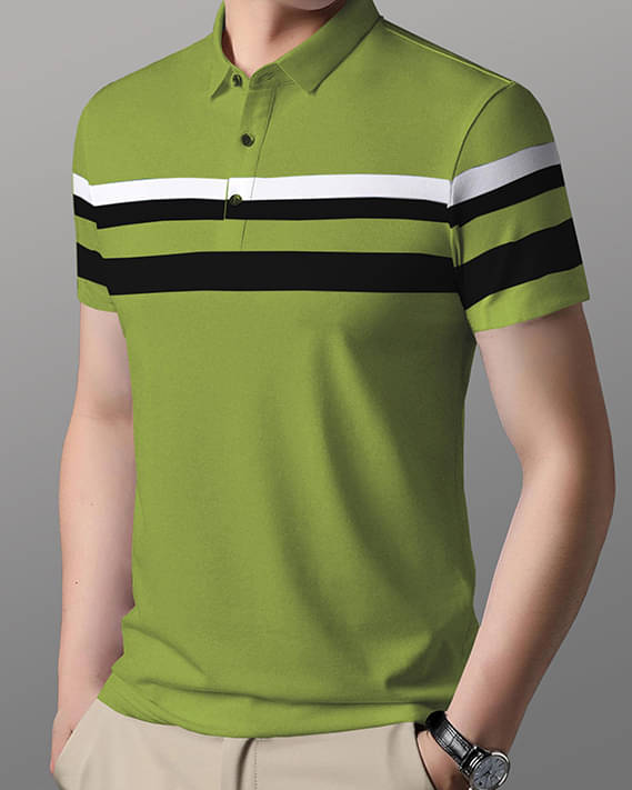     			GARBLY Men Cotton Blend Regular Fit Striped Polo T Shirt ( Green )