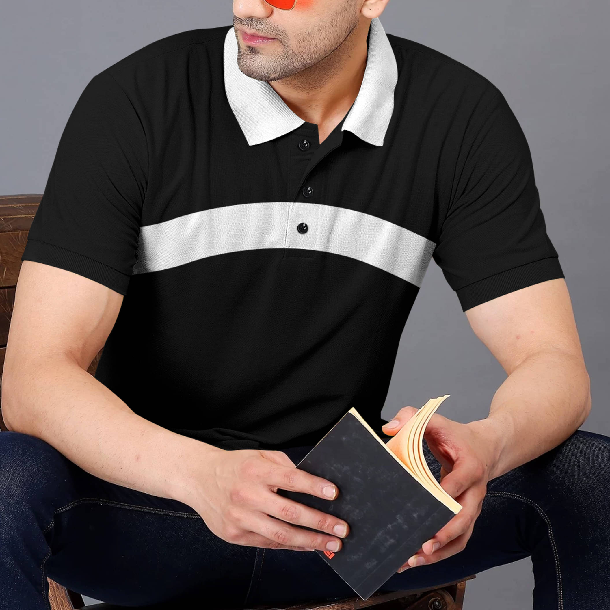 GARBLY Men Cotton Blend Regular Fit Colorblock Polo T Shirt ( Black )     			GARBLY Men Cotton Blend Regular Fit Colorblock Polo T Shirt ( Black )