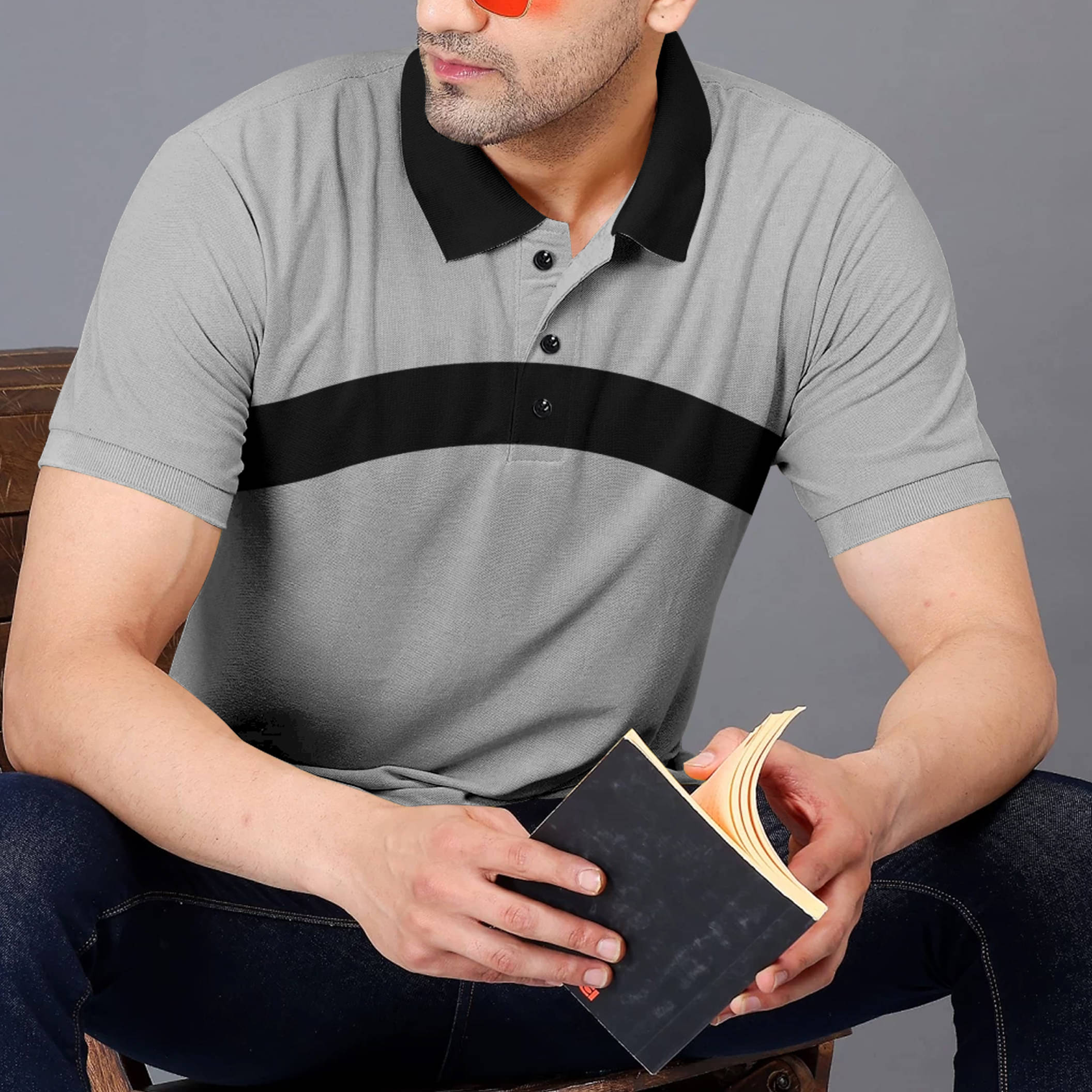     			GARBLY Men Cotton Blend Regular Fit Colorblock Polo T Shirt ( Grey )