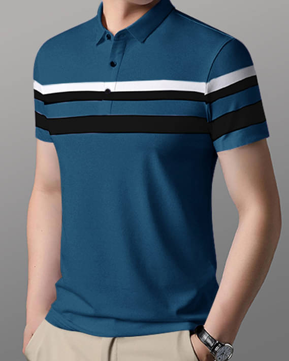 GARBLY Men Cotton Blend Regular Fit Striped Polo T Shirt ( Blue )     			GARBLY Men Cotton Blend Regular Fit Striped Polo T Shirt ( Blue )