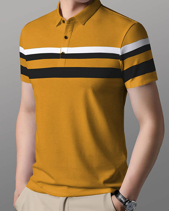     			GARBLY Men Cotton Blend Regular Fit Striped Polo T Shirt ( Yellow )