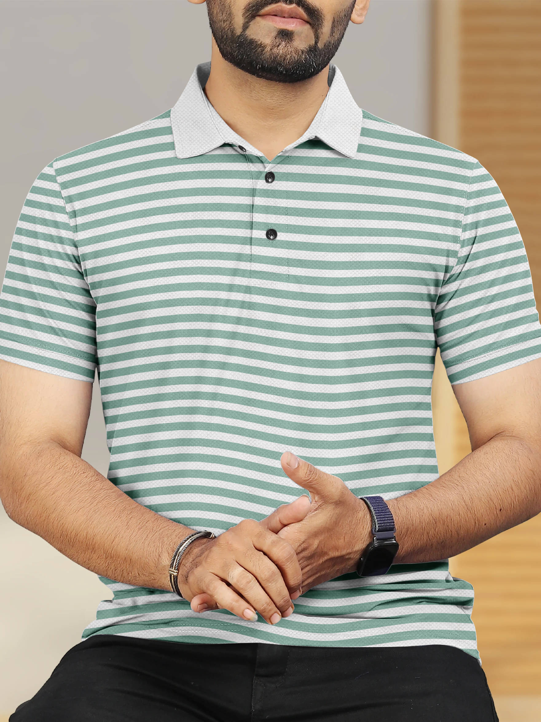     			GARBLY Men Polyester Regular Fit Striped Polo T Shirt ( Green )