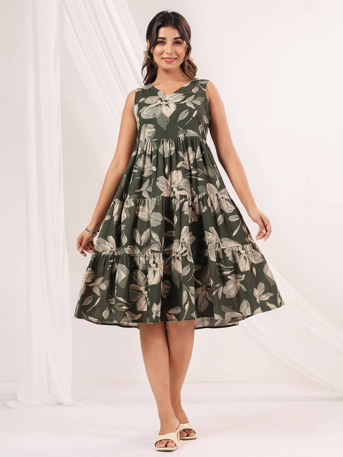     			Janasya Women Cotton Printed Fit & Flare Dress ( Olive )
