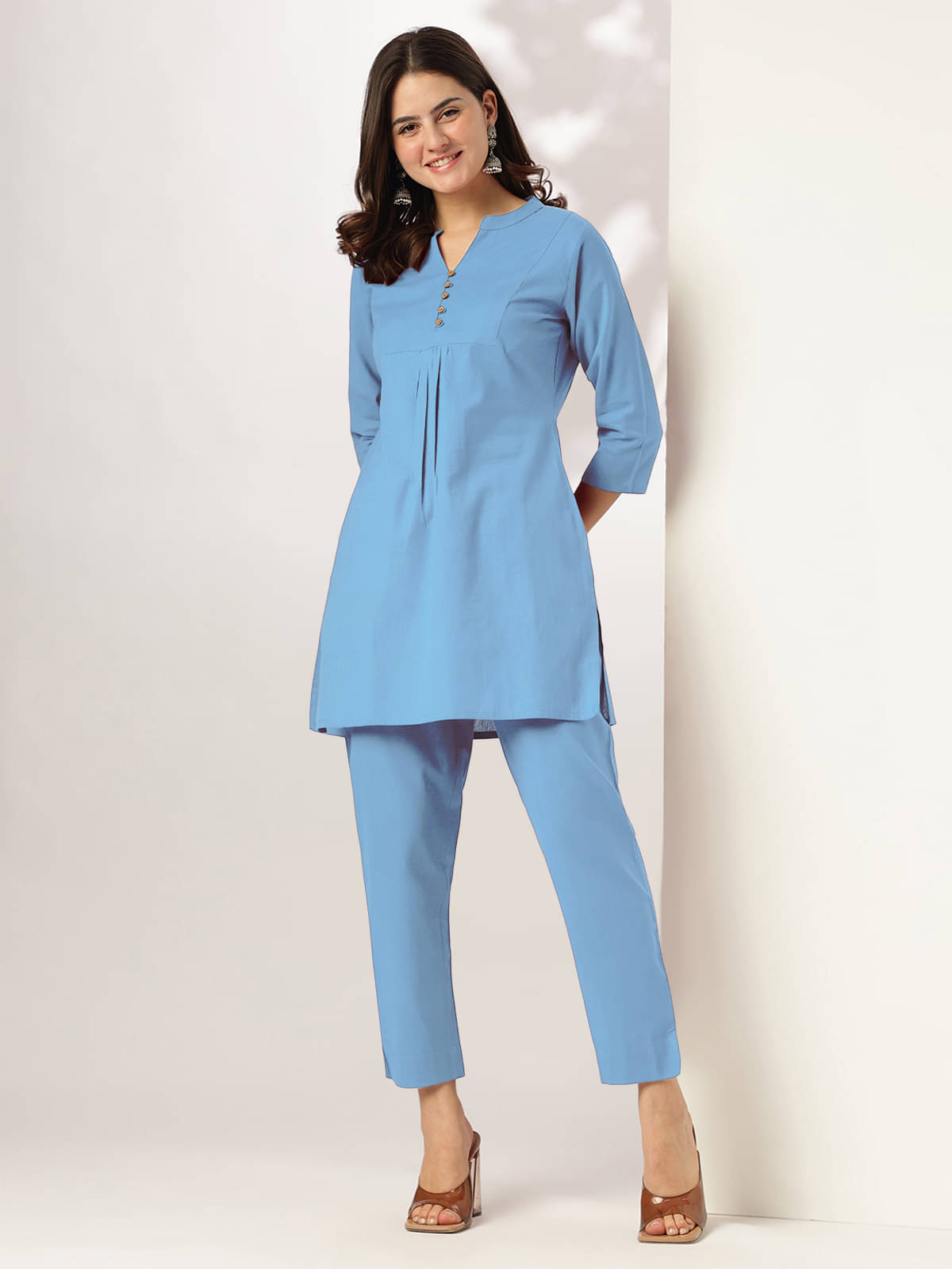     			Janasya Women Solid Tunic With Trousers Co-Ord Set ( Light Blue )