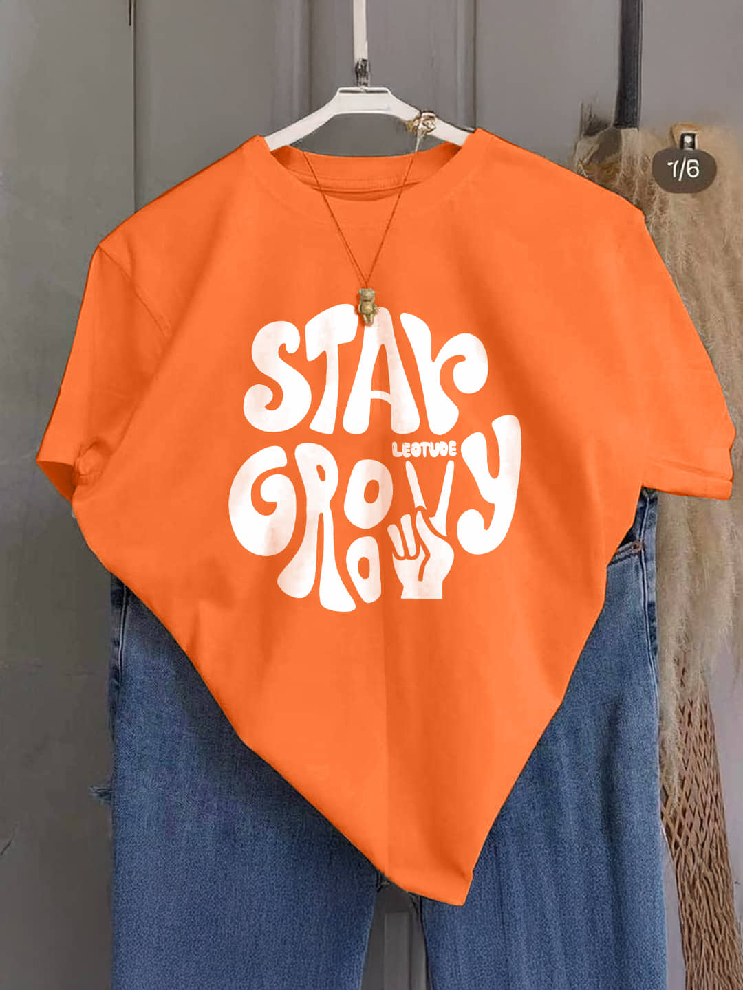Leotude Men Cotton Blend Oversized Fit Printed T-Shirt ( Orange )