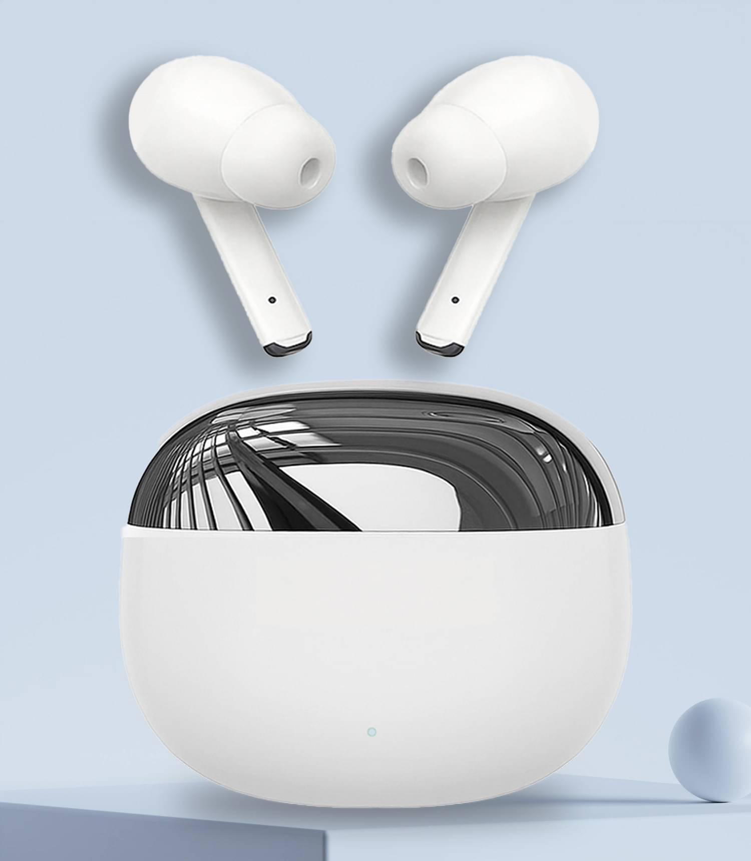     			"Premium White Wireless Earbuds with Crystal Clear Sound, Long Battery Backup, Touch Controls, Bluetooth Connectivity, Comfortable Fit, Deep Bass, Noise Isolation – Ideal for Music, Calls, Workouts, and Travel."