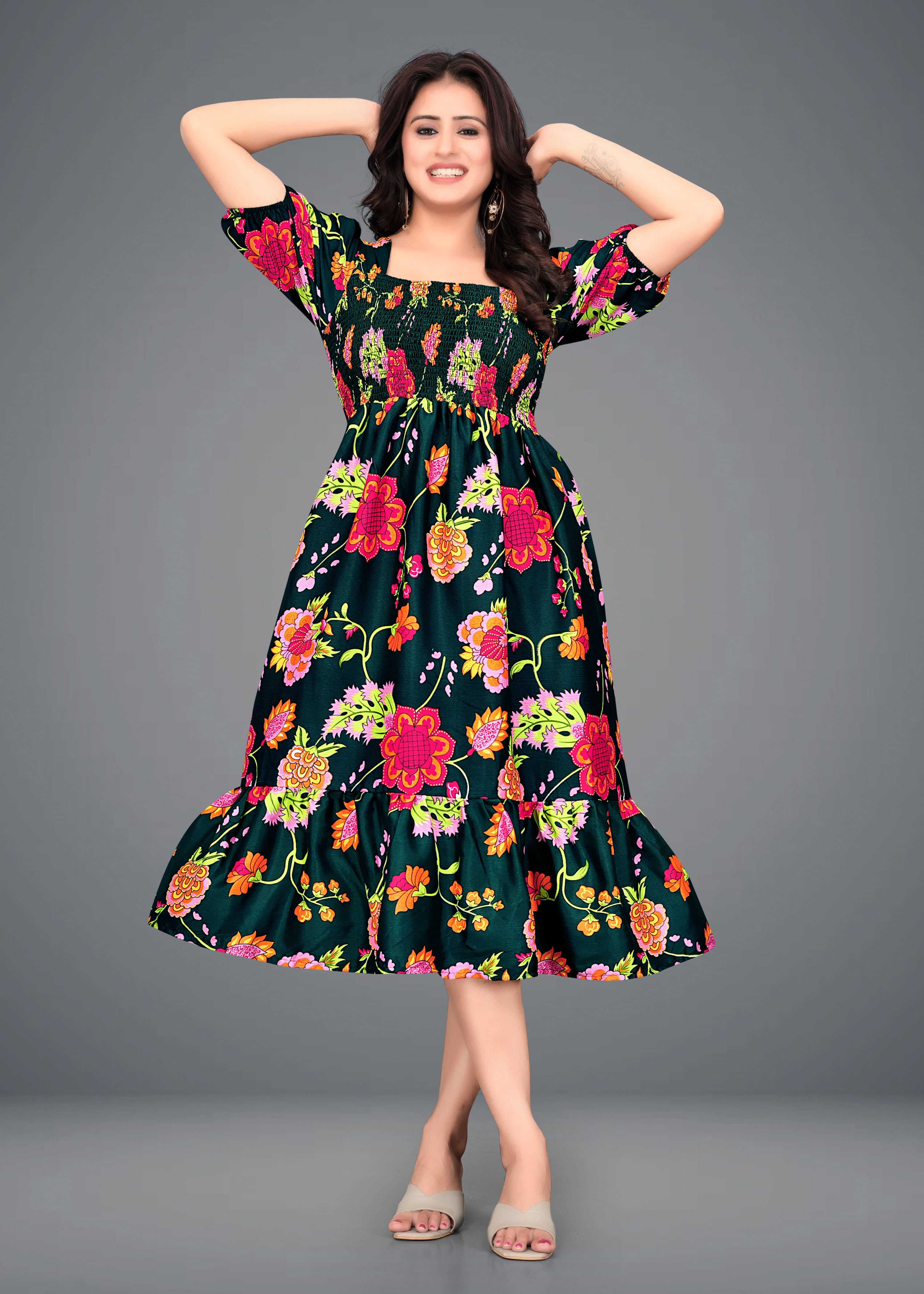     			Priyansh Creation Women Crepe Printed A-line Dress ( Multicolor )