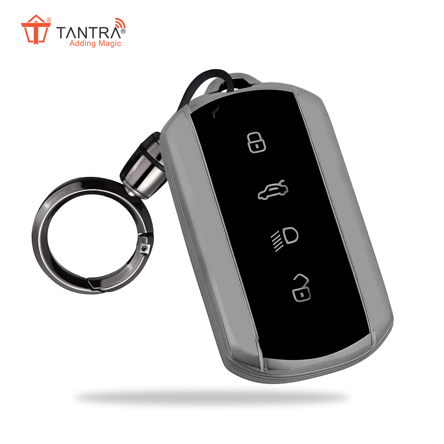     			TANTRA TPU Key Cover and Round Key Chain Compatible with Tata Curvv | Curvv EV Electric 4 Button Smart Key (Grey)