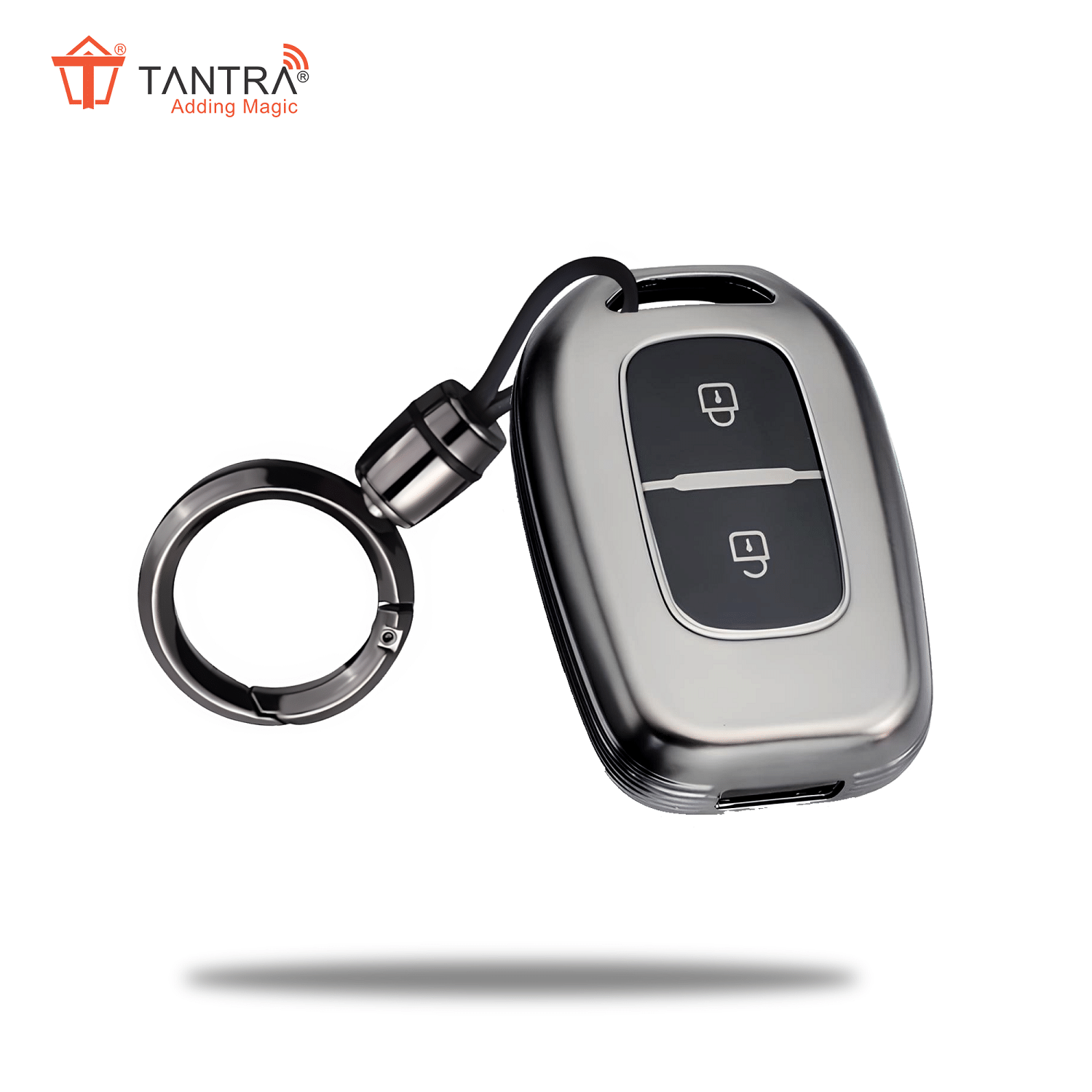     			TANTRA TPU Key Cover and Round Key Chain Compatible with Renault Kwid Duster Kiger Triber 2 Button Flip Key (Grey)