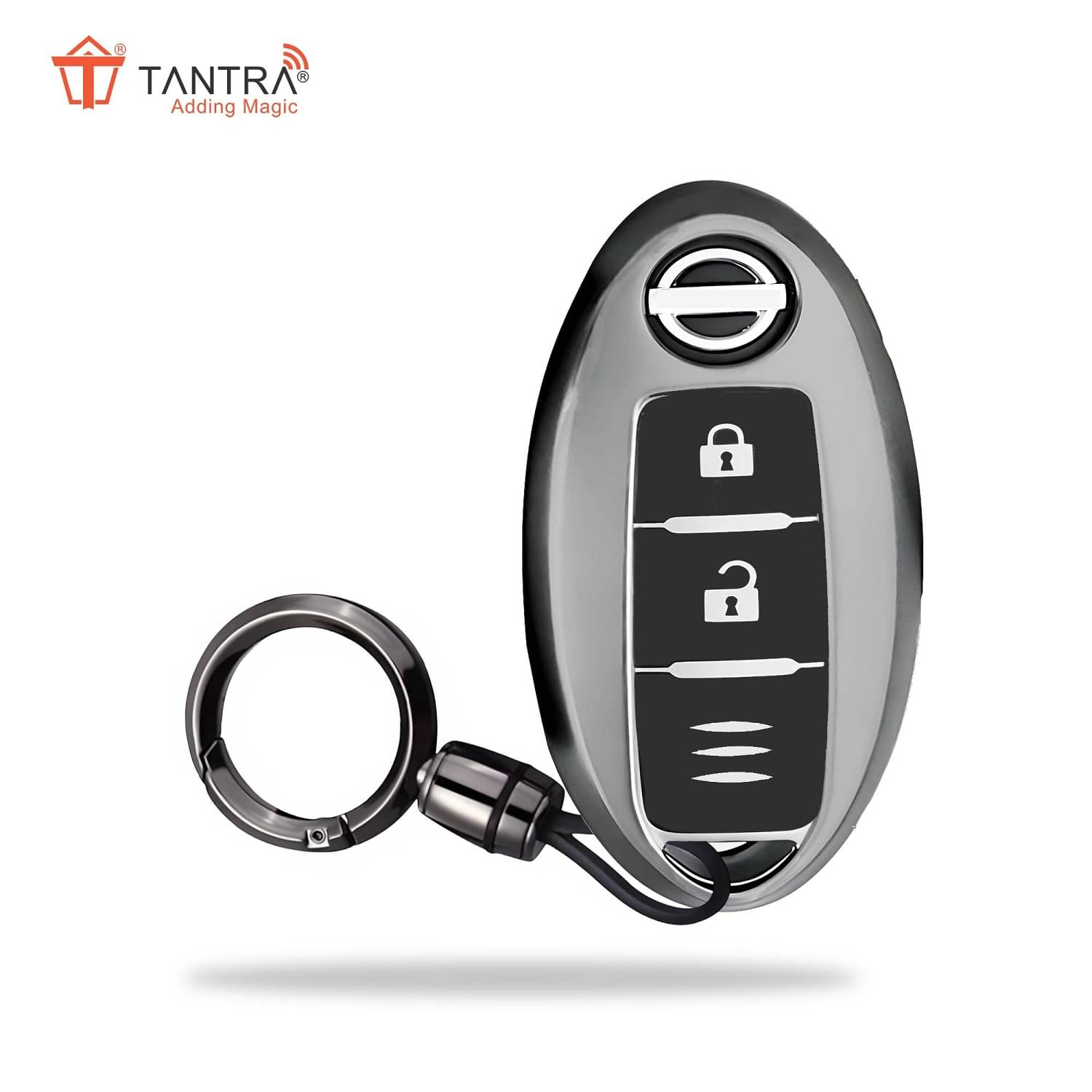     			TANTRA TPU Key Cover and Round Key Chain Compatible with Micra, Sunny, Micra Active, Magnite, Teana 2 Button Flip Key (Grey)