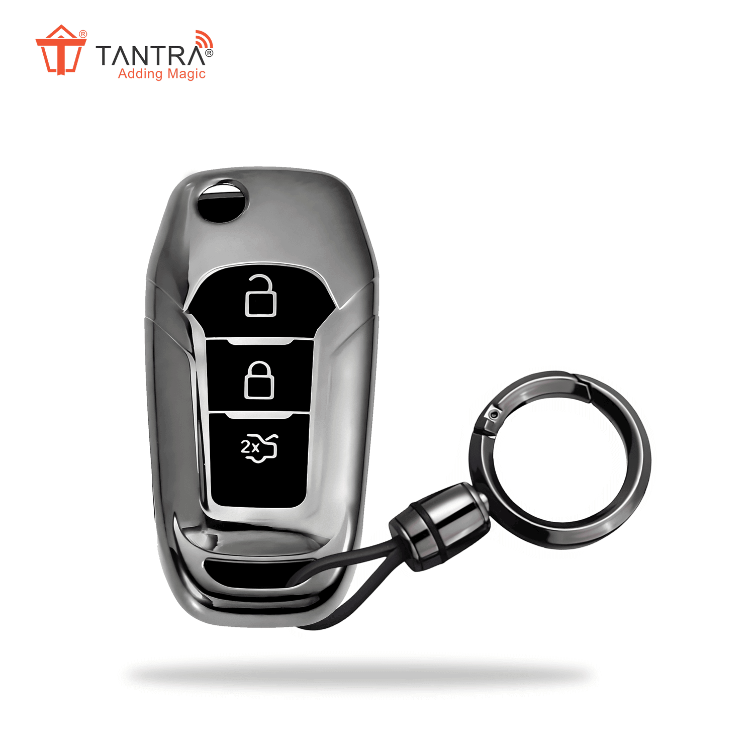     			TANTRA TPU Key Cover and Round Key Chain Compatible with Endeavour, Figo Aspire, Freestyle 2017, 2018, 2019 3 Button Flip Key (Grey)