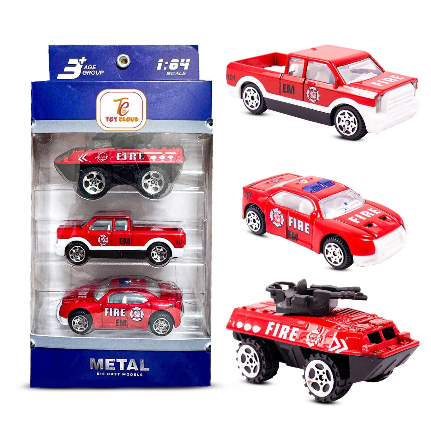     			Toy Cloud Free Wheel Die-Cast Metal Fire Rescue Vehicle Set of 3, 1:64 Scale  Model Vehicles Toys (Armored Truck, Pick-Up Truck, and Sports Car)