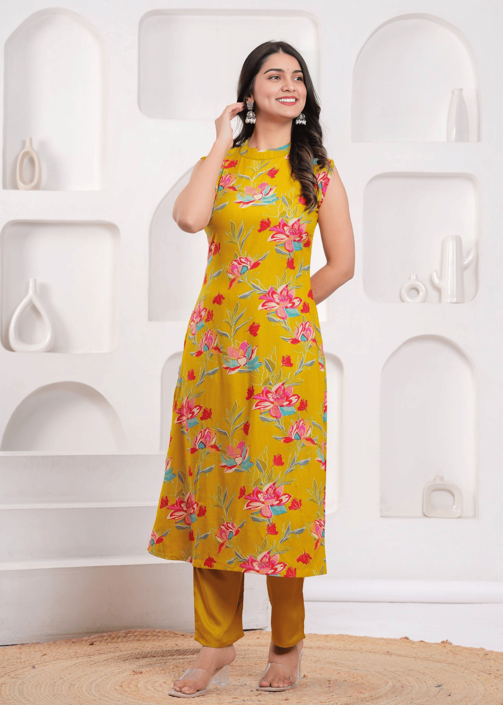     			YAGNIK FASHION Women Rayon Self Design Straight Kurti With Pants ( Yellow )