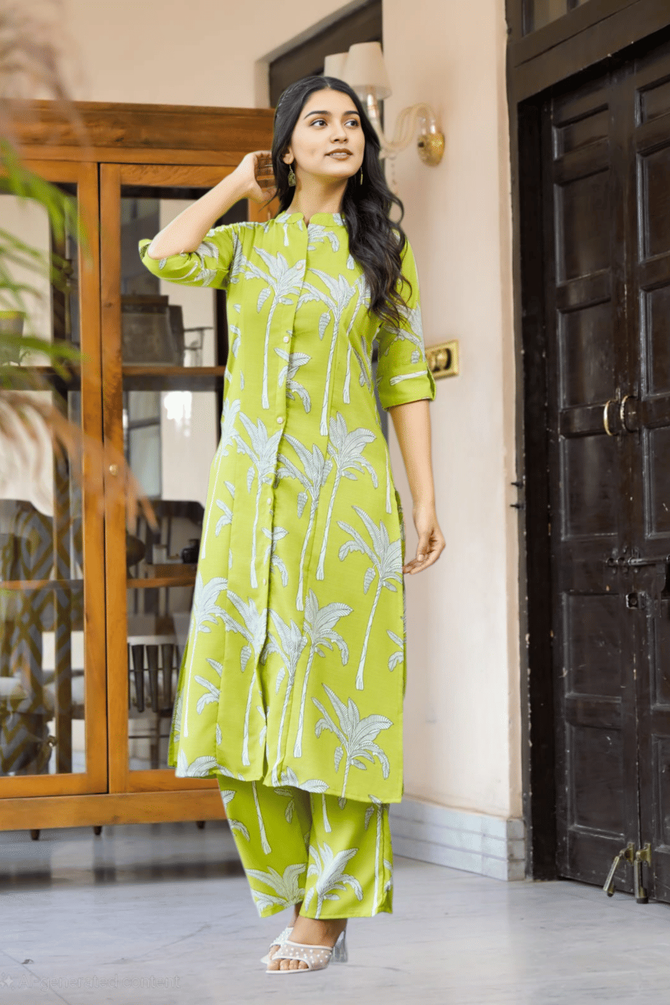 YAGNIK FASHION Women Rayon Self Design A-line Kurti With Pants ( Lime Green )