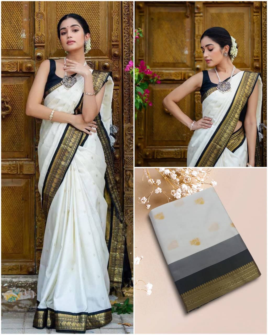 fab woven Art Silk Woven Kanjeevaram Sarees With Unstitched Blouse Piece ( White ) - Sarees | Buy online on ZillyBuy