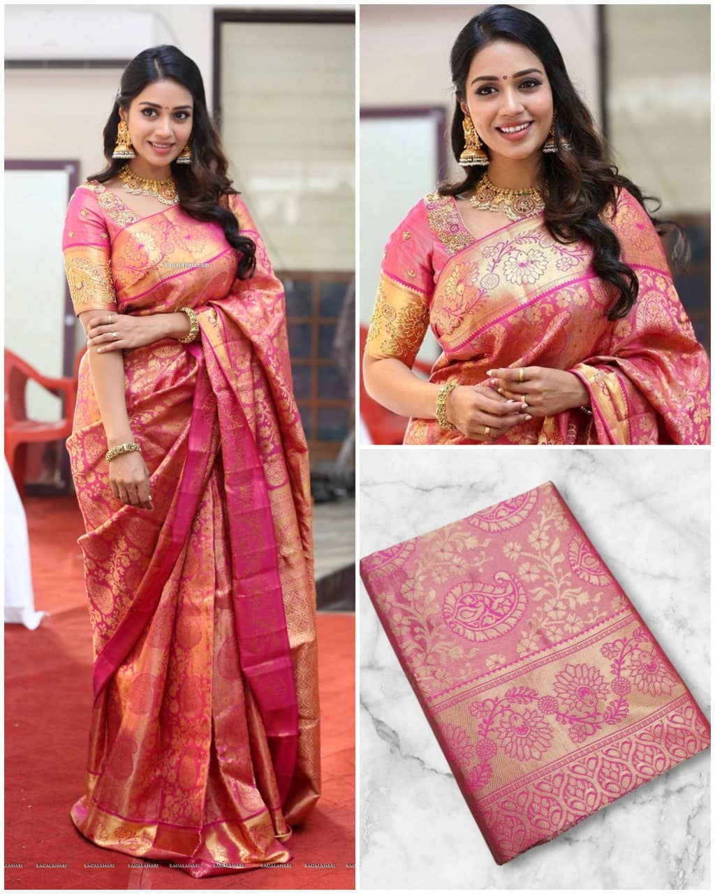 fab woven Art Silk Woven Kanjeevaram Sarees With Unstitched Blouse Piece ( Pink ) - Sarees | Buy online on ZillyBuy