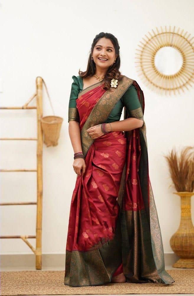 fab woven Art Silk Woven Kanjeevaram Sarees With Unstitched Blouse Piece ( Red ) - Sarees | Buy online on ZillyBuy