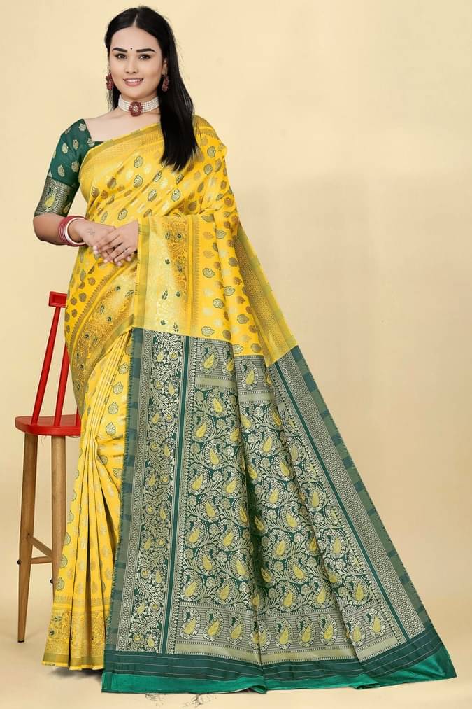     			gernic Art Silk Woven Banarasi saree With Stitched Blouse ( Yellow )