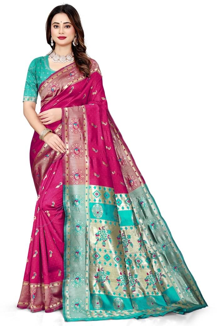     			gernic Art Silk Woven Banarasi saree With Stitched Blouse ( Pink )