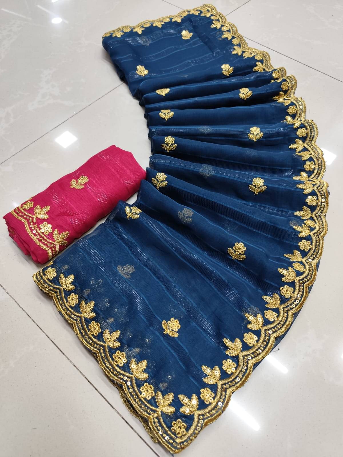    			Avenue Creation Chiffon Embroidered Leheriya Saree With Unstitched Blouse Piece ( Navy Blue )