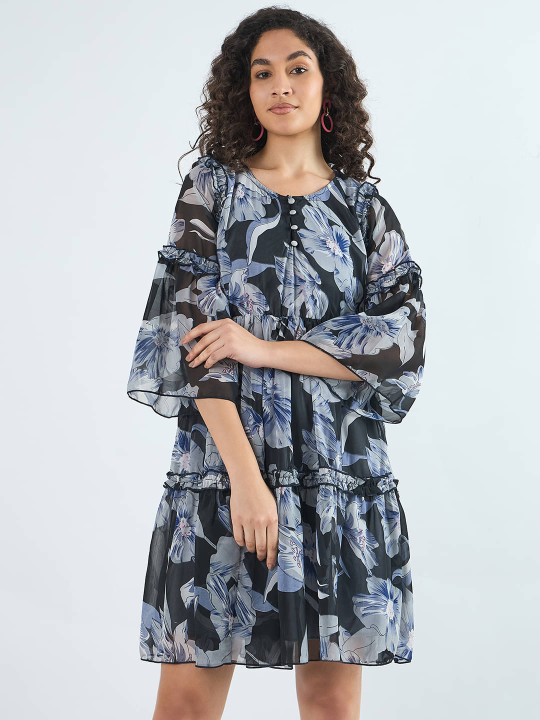 Bitterlime Women Georgette Printed Fit & Flare Dress ( Black ) Bitterlime Women Georgette Printed Fit & Flare Dress ( Black )