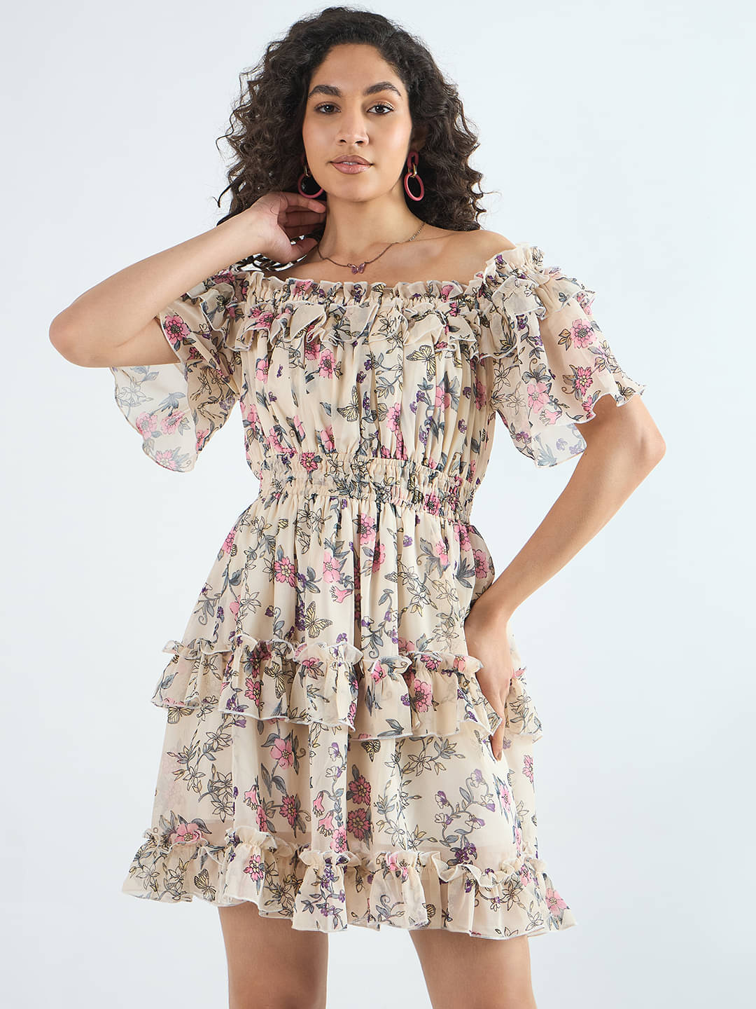Bitterlime Women Georgette Printed Fit & Flare Dress ( Beige ) Bitterlime Women Georgette Printed Fit & Flare Dress ( Beige )