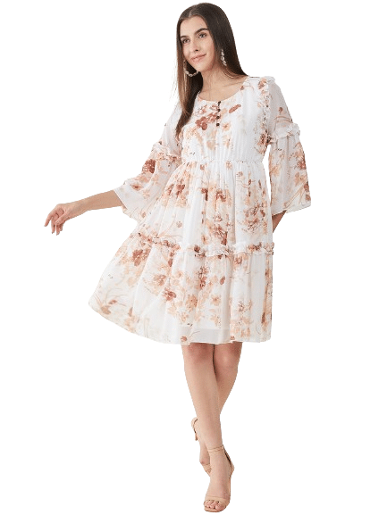     			Bitterlime Women Georgette Printed Fit & Flare Dress ( White )