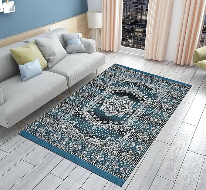     			FURNISHING HUT Aqua Cotton Dhurrie Carpet Floral 4x6 Ft