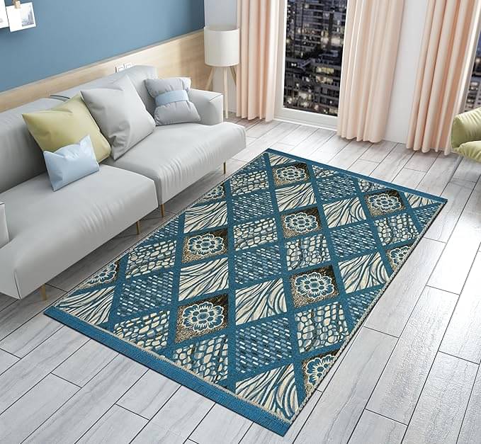     			FURNISHING HUT Aqua Cotton Dhurrie Carpet Floral 4x6 Ft