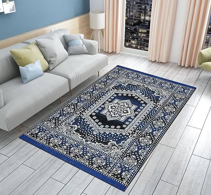     			FURNISHING HUT Blue Cotton Dhurrie Carpet Floral 4x6 Ft