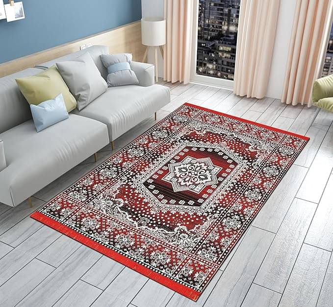     			FURNISHING HUT Maroon Cotton Dhurrie Carpet Floral 4x6 Ft