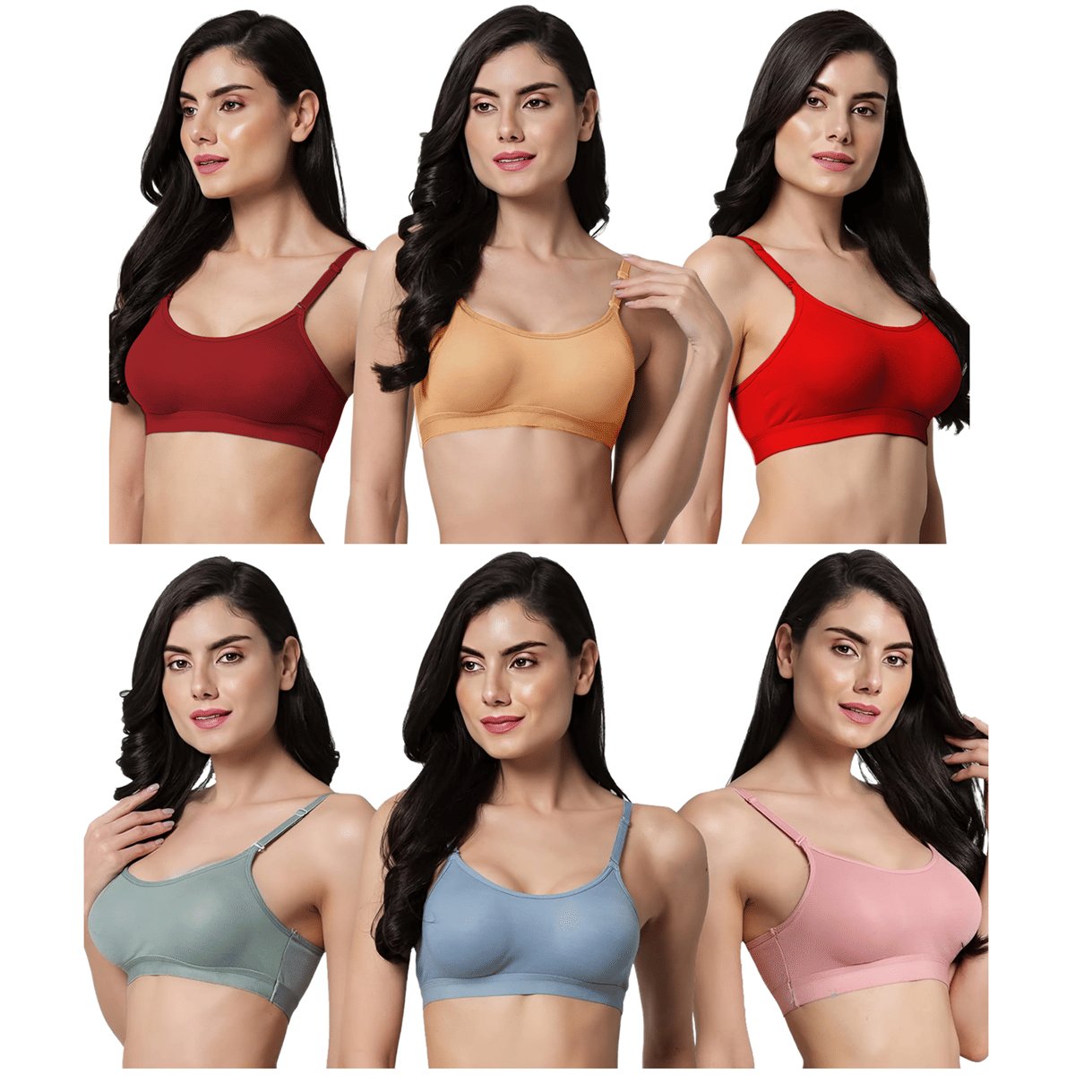     			FVCO Pack of 6 Cotton Blend Non Padded T-Shirt Bra For Women ( Multicolor )