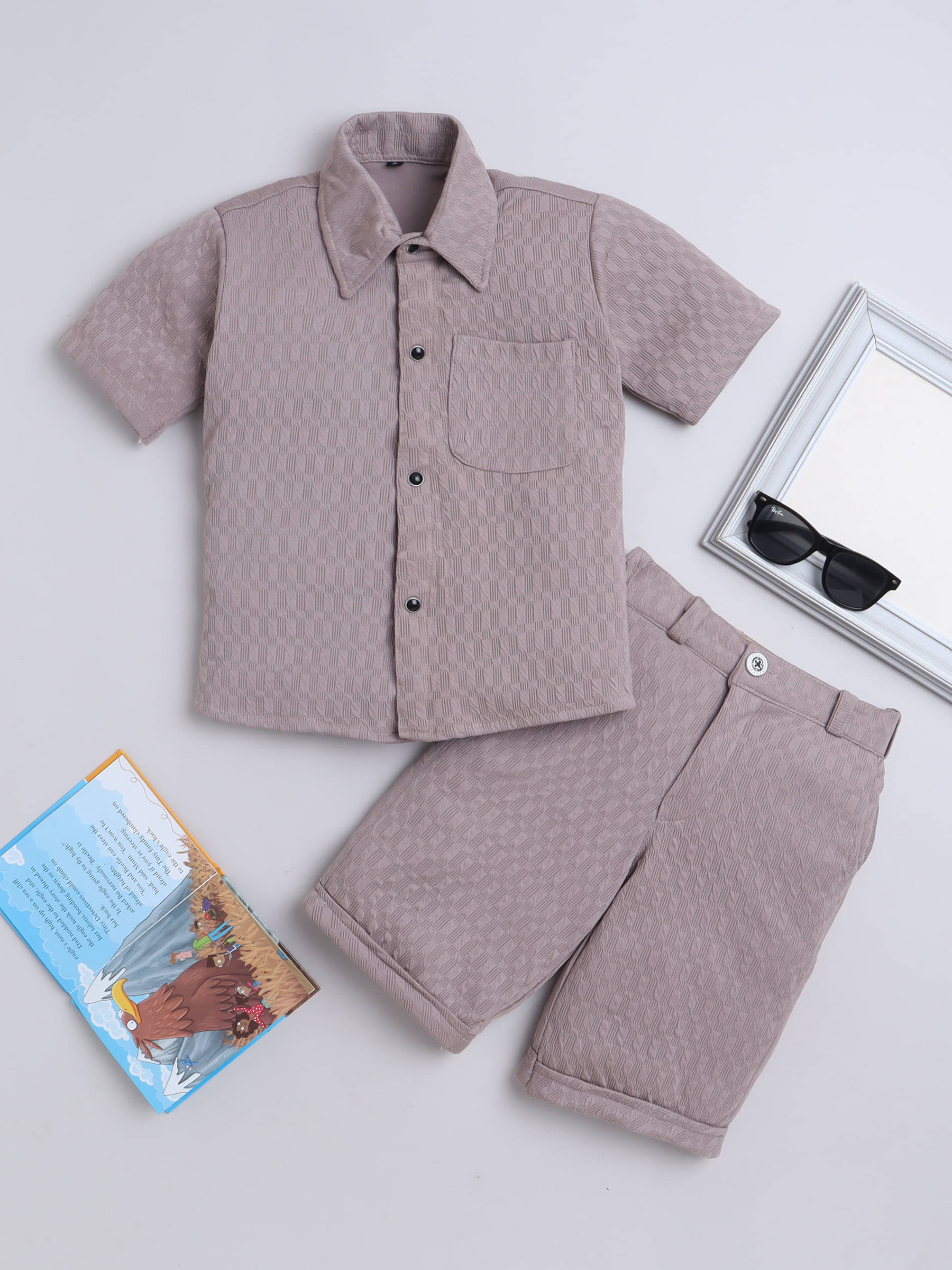    			Fourfolds Pack of 1 Boys Cotton Blend Shirt & Shorts Set ( Mauve )