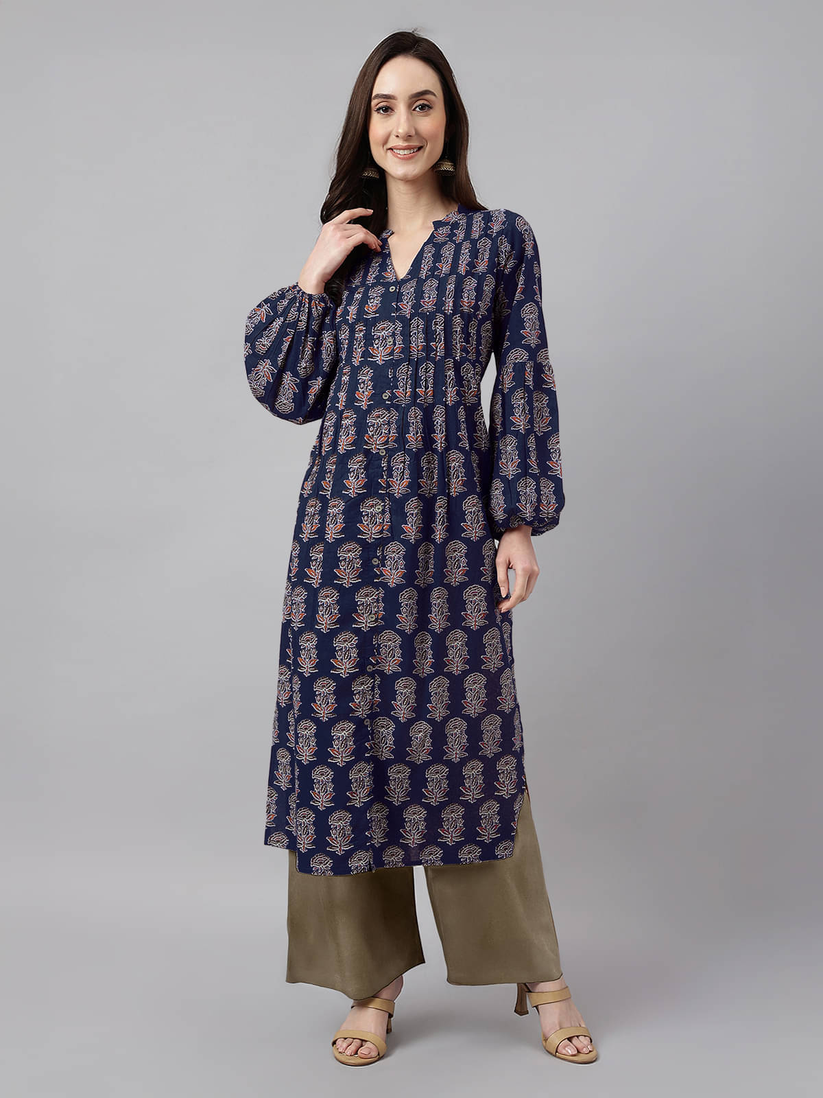 Janasya Women Cotton Printed A-line Kurti ( Navy )     			Janasya Women Cotton Printed A-line Kurti ( Navy )