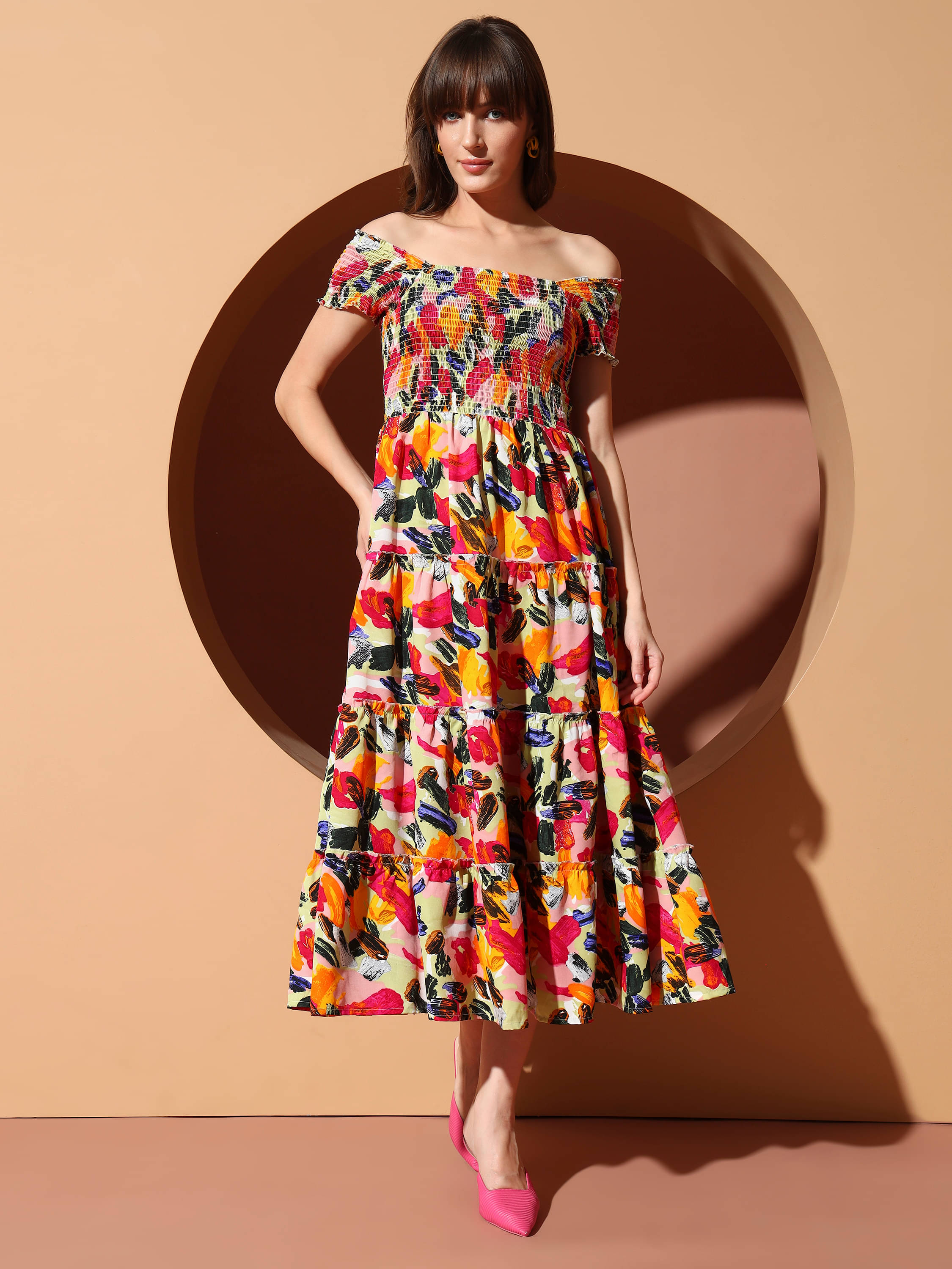 OTABU Women Polyester Printed A-line Dress ( Pink ) OTABU Women Polyester Printed A-line Dress ( Pink )